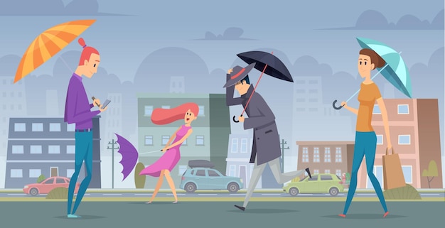 Deszcz w mieście. ludzie chodzą z parasolem w krajobrazie miejskim wektor tle sezonowej koncepcji. ilustracja miasto burzy, natura pogoda na zewnątrz