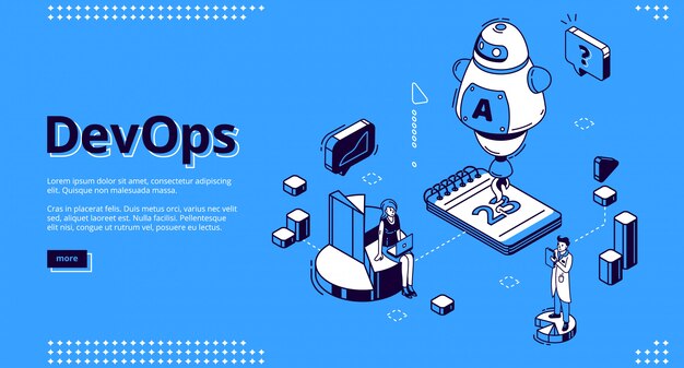Devops izometryczny sztandar, rozwój i działanie