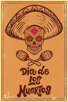 Dia de los muertos (dzień zmarłych). meksykańska czaszka cukru na tło grunge. element projektu plakatu, logo, etykiety, znaku, karty, banera. ilustracja wektorowa