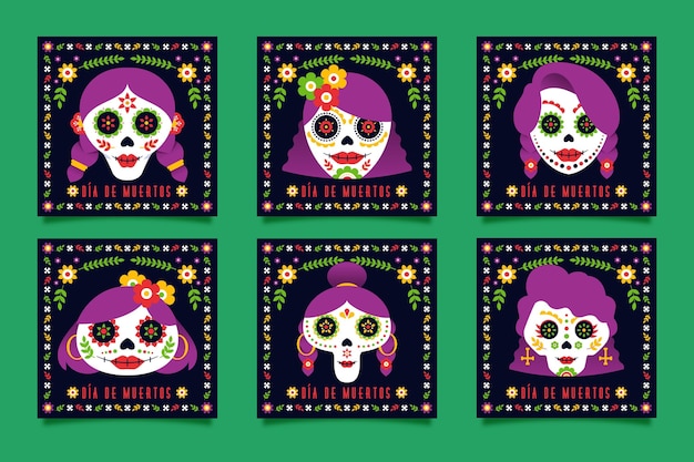 Bezpłatny wektor día de muertos instagram kolekcja postów