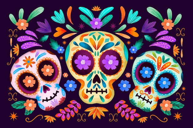 Bezpłatny wektor dia de muertos kolorowe kwiatowy czaszki tło