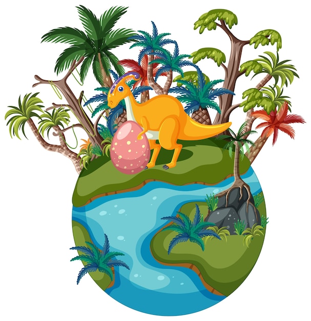 Bezpłatny wektor dinozaur na tropikalnej wyspie z jajem