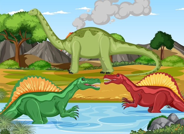 Dinozaur w prehistorycznej scenie leśnej