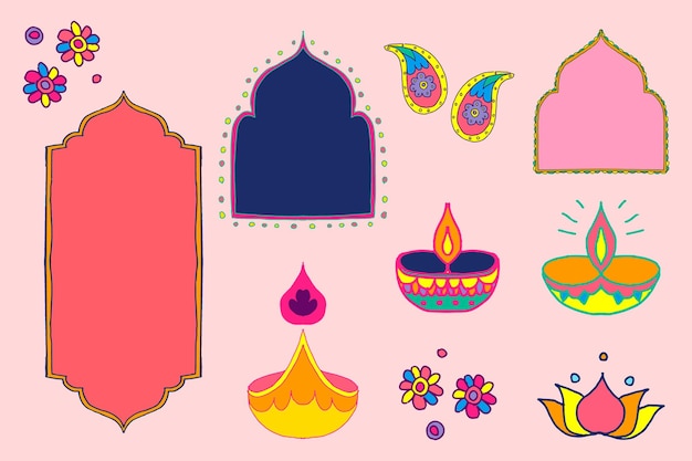 Bezpłatny wektor diwali indian rangoli zestaw ilustracji wektorowych