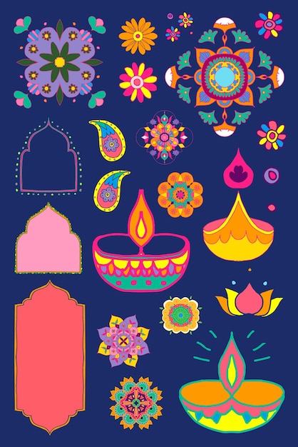 Bezpłatny wektor diwali indian rangoli zestaw ilustracji wektorowych