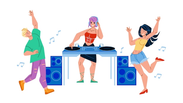 Bezpłatny wektor dj dziewczyna grająca muzykę na klub nocny party wektor. młoda kobieta dj zagraj disco dźwięku i tancerzy mężczyzna i pani taniec razem. postacie czas wolny w klubie nocnym płaska ilustracja kreskówka