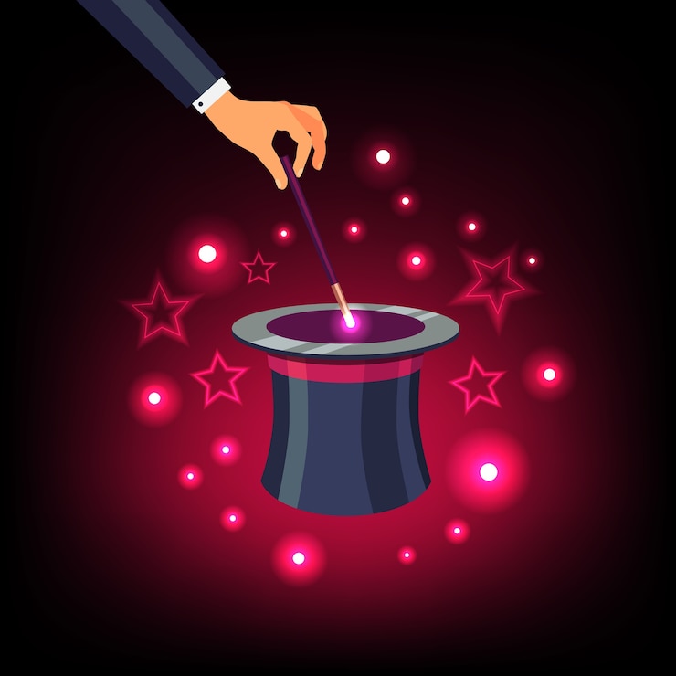 Dłoń trzymająca magiczną różdżkę nad magicznym czapeczką