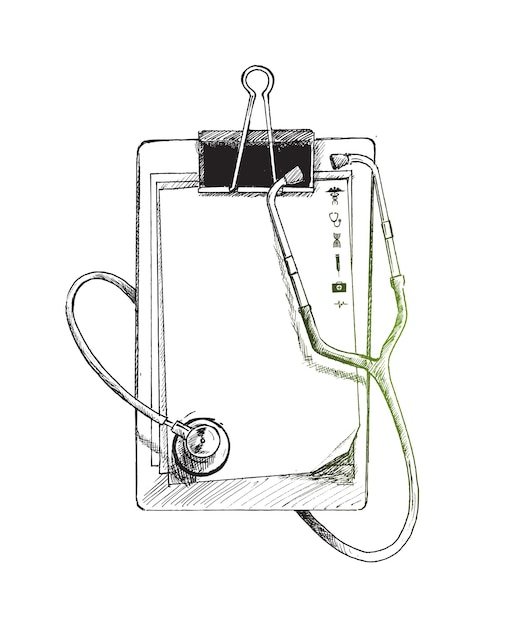 Doctor Blank schowek z nowoczesnym stetoskopem Ręcznie rysowane szkic ilustracji wektorowych