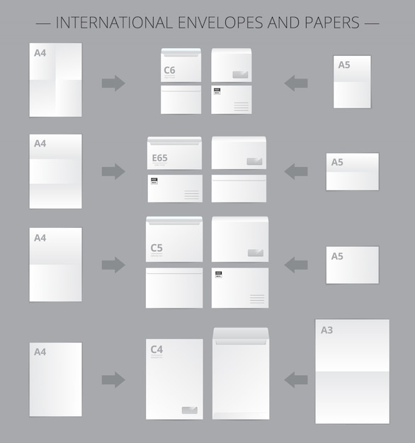 Bezpłatny wektor dokumenty papierowe z realistycznymi obrazami kopert pocztowych i odpowiednich arkuszy czystego papieru połączonych ilustracją strzałki