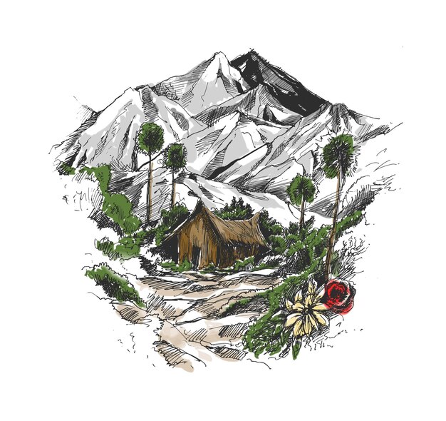 Dom w górskim krajobrazie Ręcznie rysowane szkic ilustracji wektorowych