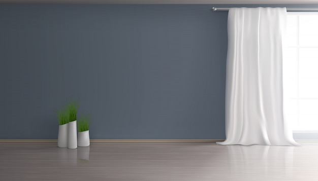 Domowy salon, mieszkanie hala puste wnętrze 3d realistyczne tło z białą zasłoną na dużym oknie, niebieską ścianą, parkietem lub podłogą laminowaną, grupa doniczek z zielonymi roślinami