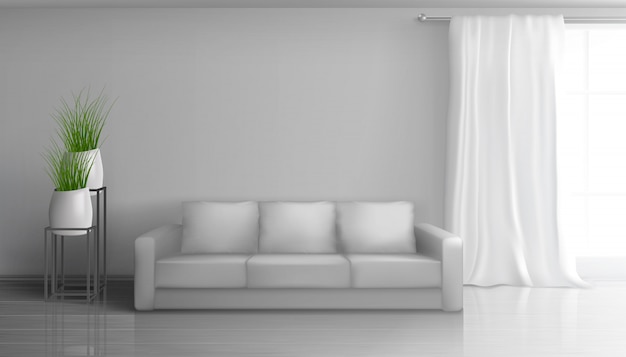 Domowy salon, mieszkanie realistyczne wektor słoneczny wnętrze w stylu klasycznym z pustą szarą ścianą za miękką sofą, długa biała kurtyna na pręcie okna, błyszczący laminat na ilustracji podłogi