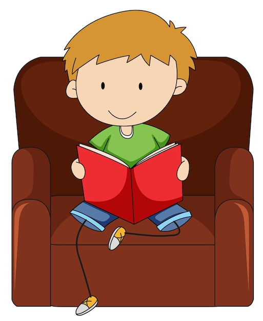 Bezpłatny wektor doodle chłopiec czytający książkę na kanapie
