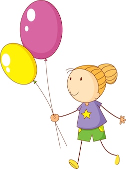 Doodle dziecko trzymające balony postać z kreskówki na białym tle