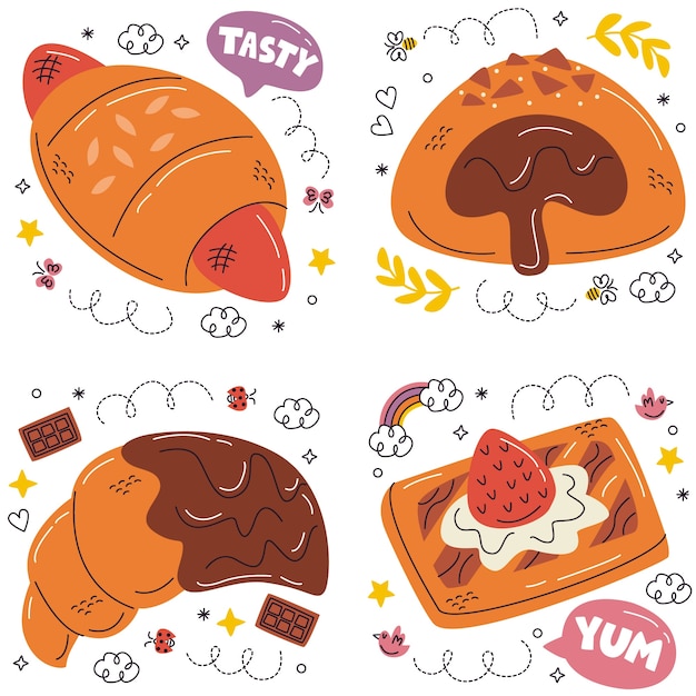 Bezpłatny wektor doodle kolekcja naklejek piekarniczych