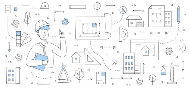 Doodle Koncepcja Z Pracownikiem Architekta Posiadającym Plan Inżynieria I Architektura Pracy Tło Profesjonalny Inżynier W Kasku Z Narzędziami Pracy Kompas Ołówek Dźwig Ilustracja Wektorowa Sztuki Linii