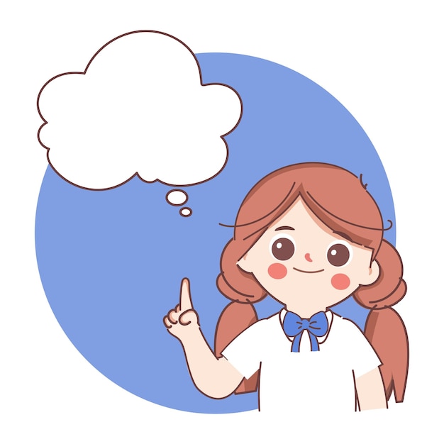 Doodle ręcznie rysowane kreskówka ładna dziewczyna studentka myśląca z bańką ma pomysł i marzy