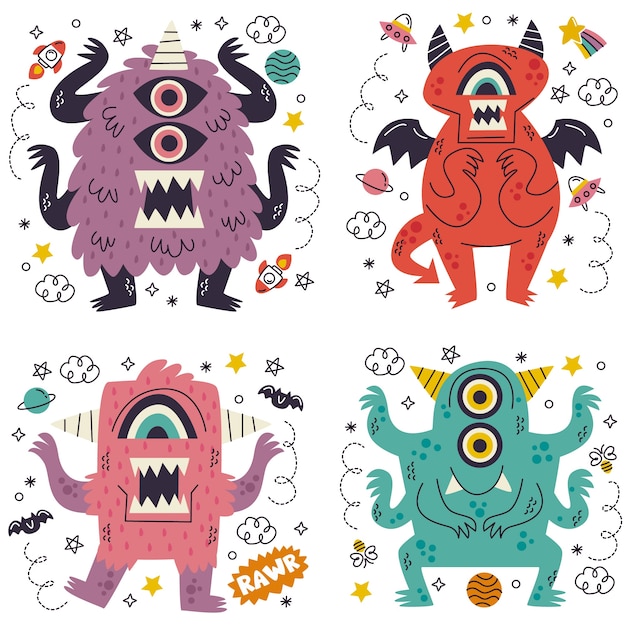 Bezpłatny wektor doodle ręcznie rysowane potwory kolekcja naklejek