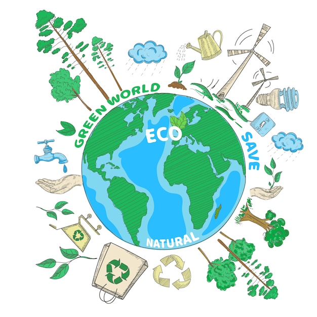 Bezpłatny wektor doodle zielona światowa ekologia barwił pojęcie