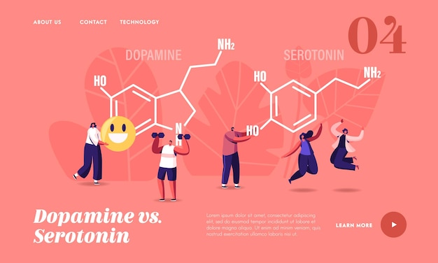 Dopamina, szablon strony docelowej serotoniny. ludzie cieszący się życiem w pobliżu ogromnej formuły. produkcja hormonów w organizmie. postacie skaczące, ćwiczące, radujcie się, zdrowie ludzkie. ilustracja kreskówka wektor