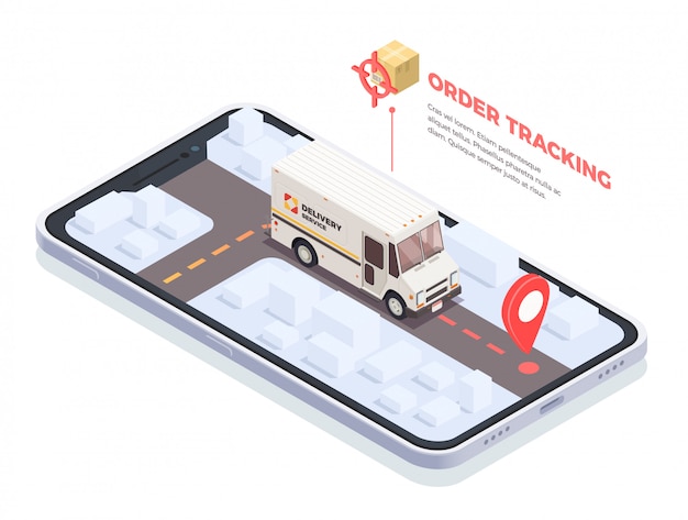 Doręczeniowej logistyki transportu isometric konceptualny skład z smartphone ekranem i doręczeniową ciężarówką z pakuneczkami i tekst ilustracją