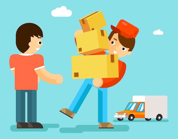 Bezpłatny wektor dostawca z pudełkami i samochodem daje paczkę klientowi. paczka kartonowa, osoba kurierska, listonosz oraz transport ekspresowy.