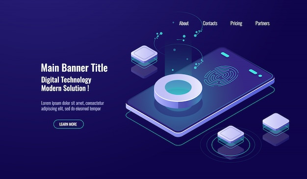 Dostęp Do Linii Papilarnych, Ikona Izometryczna Bezpieczeństwa Danych, Ekran Telefonu Komórkowego, Koncepcja Ochrony Konta