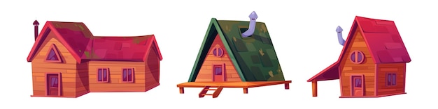 Bezpłatny wektor drewniana kabina clipart letni dom leśny zestaw wektorowy drewniana górska chatka ikona izolowana na białym tle drewniany budynek domek na stosach z oknem drzwi i dachem zestaw ilustracji