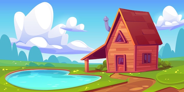 Bezpłatny wektor drewniana kabina na brzegu jeziora ścieżka prowadzi do małego wiejskiego drewnianego domu lub chaty na letnie wakacje na łące z zieloną trawą krajobraz kreskówkowy z chatą lub domkiem w pobliżu stawu wodnego i drzew na horyzoncie