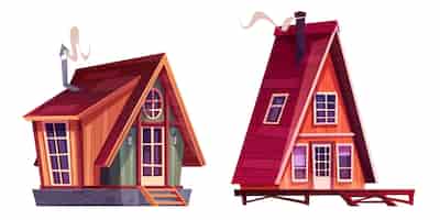 Bezpłatny wektor drewniana kabina na wakacje letnie lub zimowe poza miastem małe chaty wykonane z drewna z oknami, drzwiami i kominem na dachu domy kreskówkowe lub chaty fasady zewnętrzne do projektowania krajobrazu na wsi