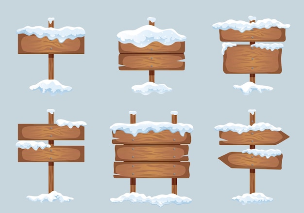 Bezpłatny wektor drewniane szyldy znak kierunkowy tablica wskaźnikowa ze śniegowymi czapami lodowymi realistyczna zima