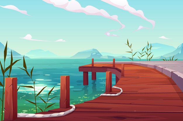 Drewniany molo z arkanami na rzecznej naturalnej krajobrazowej ilustraci
