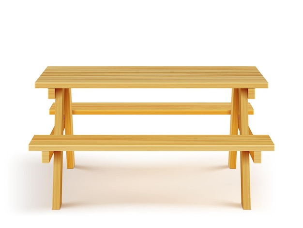 Drewniany stół piknikowy z ławkami, drewniane meble na białym tle.