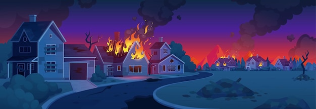 Bezpłatny wektor droga miejska apokalipsy z kreskówką budynku pożaru