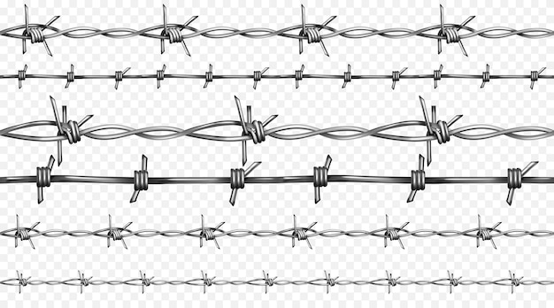 Drut kolczasty lub drut kolczasty ilustracja bezszwowe realistyczne 3D ogrodzenia metalowe druty z ostrych krawędzi