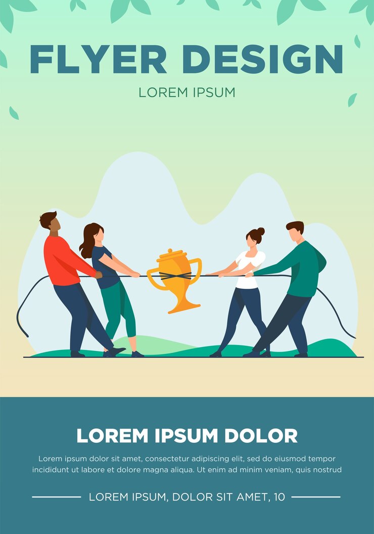 Bezpłatny plik Wektor drużyny walczące o nagrody. ludzie grający w przeciąganie liny, ciągnięcie liny z ilustracji wektorowych płaski złoty kubek. konkurencja, koncepcja konkursu