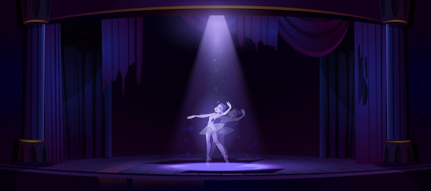 Bezpłatny wektor duch tańca baleriny na starej scenie teatralnej w nocy. ilustracja kreskówka ducha zmarłej kobiety w opuszczonym ciemnym teatrze operowym z reflektorem