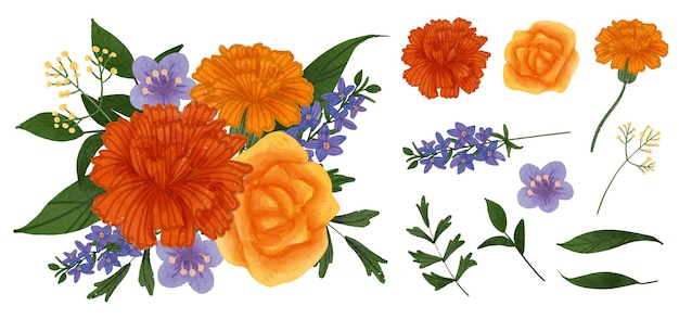 Duży botaniczny zestaw dzikich kwiatów zestaw oddzielnych części i zebranie razem w piękny bukiet kwiatów w stylu akwareli na białym tle płaskiej ilustracji wektorowych