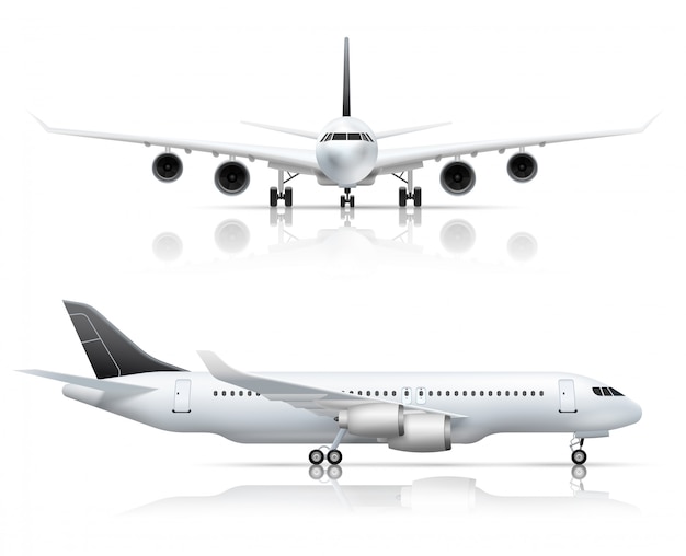 Duży pasażerski samolot odrzutowy przód i boczny widok samolotu