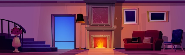 Bezpłatny wektor duży salon z kominkiem w nocy ilustracja kreskówka wektorowa przedstawiająca wnętrze domu lub lobby hotelowe z krzesłem i sofą bukiet róż w wazonie obok schodów zdjęcia lampy podłogowej na ścianie