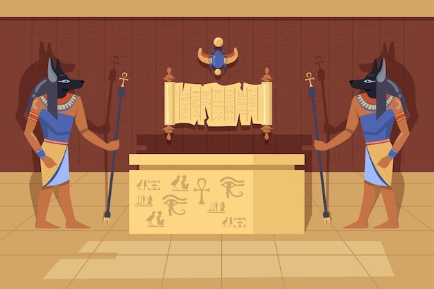 Bezpłatny wektor dwa bóstwa anubisa z laskami ankh obok skrzynki mumii. ilustracja kreskówka. egipscy bogowie we wnętrzu starożytnej świątyni, symbole i hieroglify. starożytny egipt, historia, koncepcja sztuki