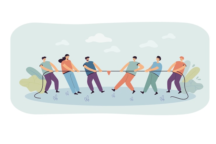 Bezpłatny plik Wektor dwa zespoły biurowe ludzi ciągnących linę na białym tle płaska ilustracja
