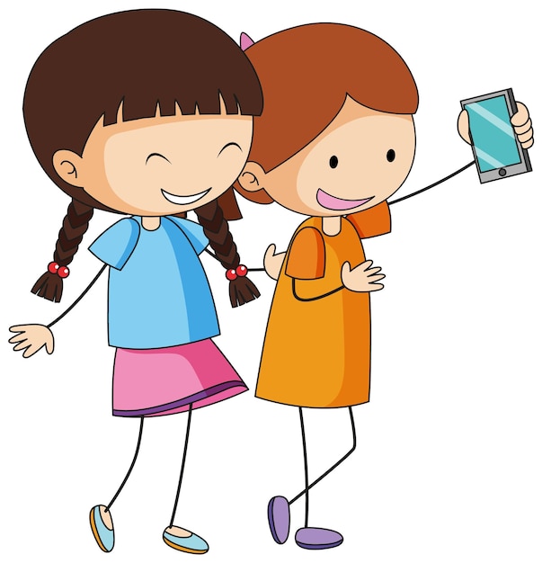 Dwie Dziewczyny Postać Z Kreskówki Biorąc Selfie W Ręcznie Rysowane Stylu Doodle Na Białym Tle