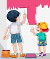 Bezpłatny wektor dwóch chłopców malujących ścianę na różowo