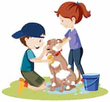 Bezpłatny wektor dwoje dzieci kąpielowy pies z pianką bąbelkową na kreskówka ciała psa na białym tle