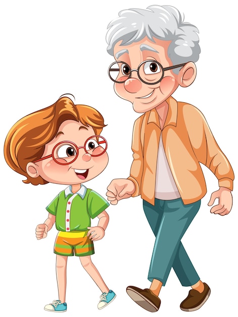 Dziadek I Babcia Spacerują Z Wnukami