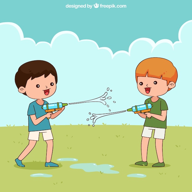 Bezpłatny wektor dzieci bawiące się w ogrodzie z plastikowymi pistoletami na wodę