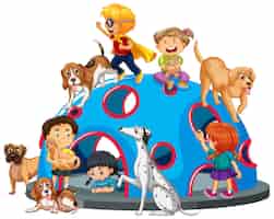 Bezpłatny wektor dzieci bawiące się z psami na placu zabaw