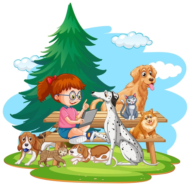 Bezpłatny wektor dzieci bawiące się z wieloma psami