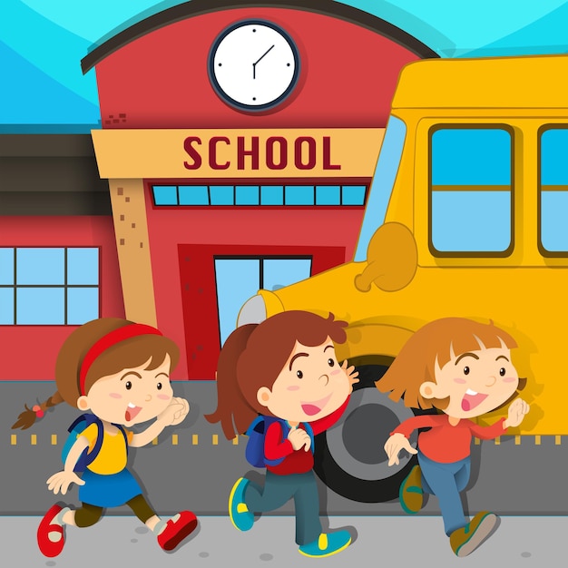 Bezpłatny wektor dzieci biegnące przed szkołą